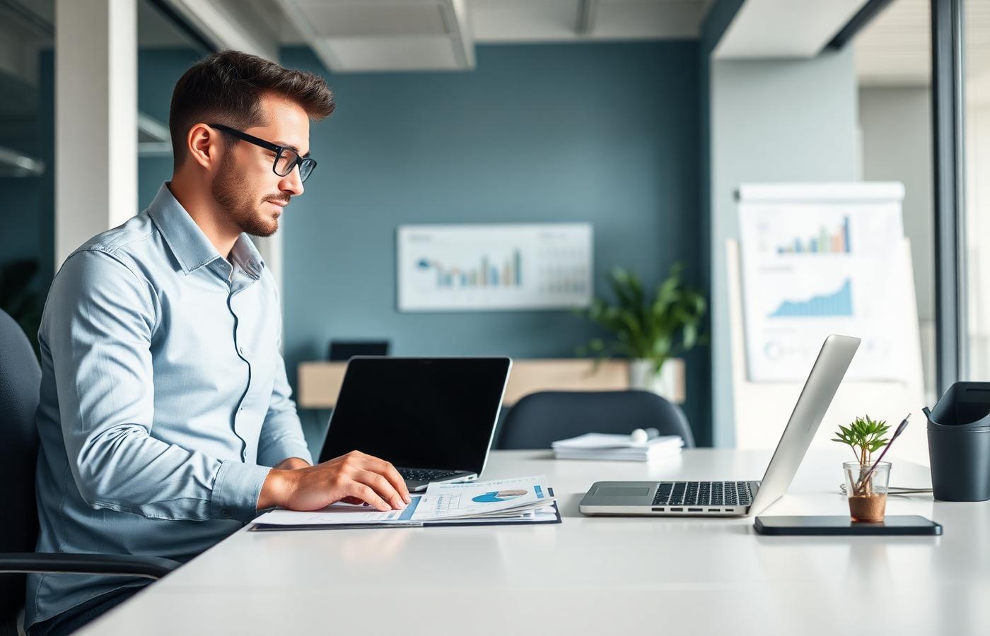 Accountant reviewing financial reports in a modern office